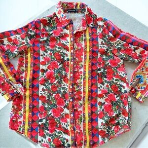 PrettyLittleThing Red Floral Stripe Print Women’s Dress Shirt Size 6 NWOT